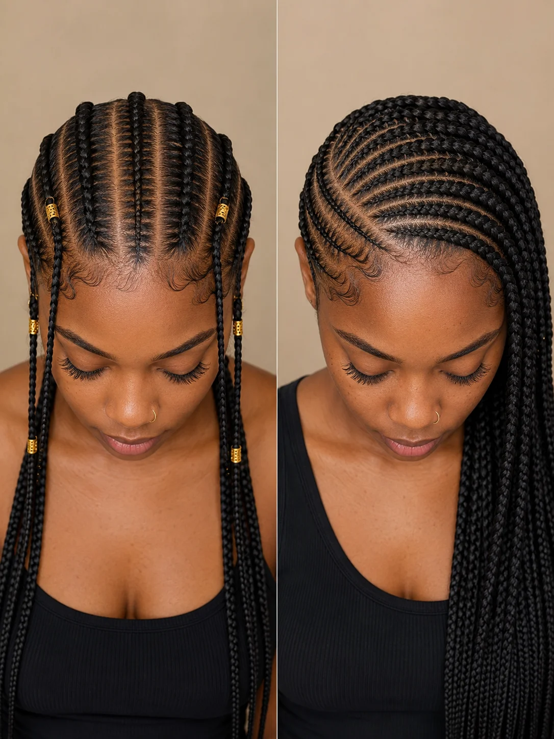Fulani braids center part with symmetrical face-framing braids compared to lemonade braids side-swept directional part