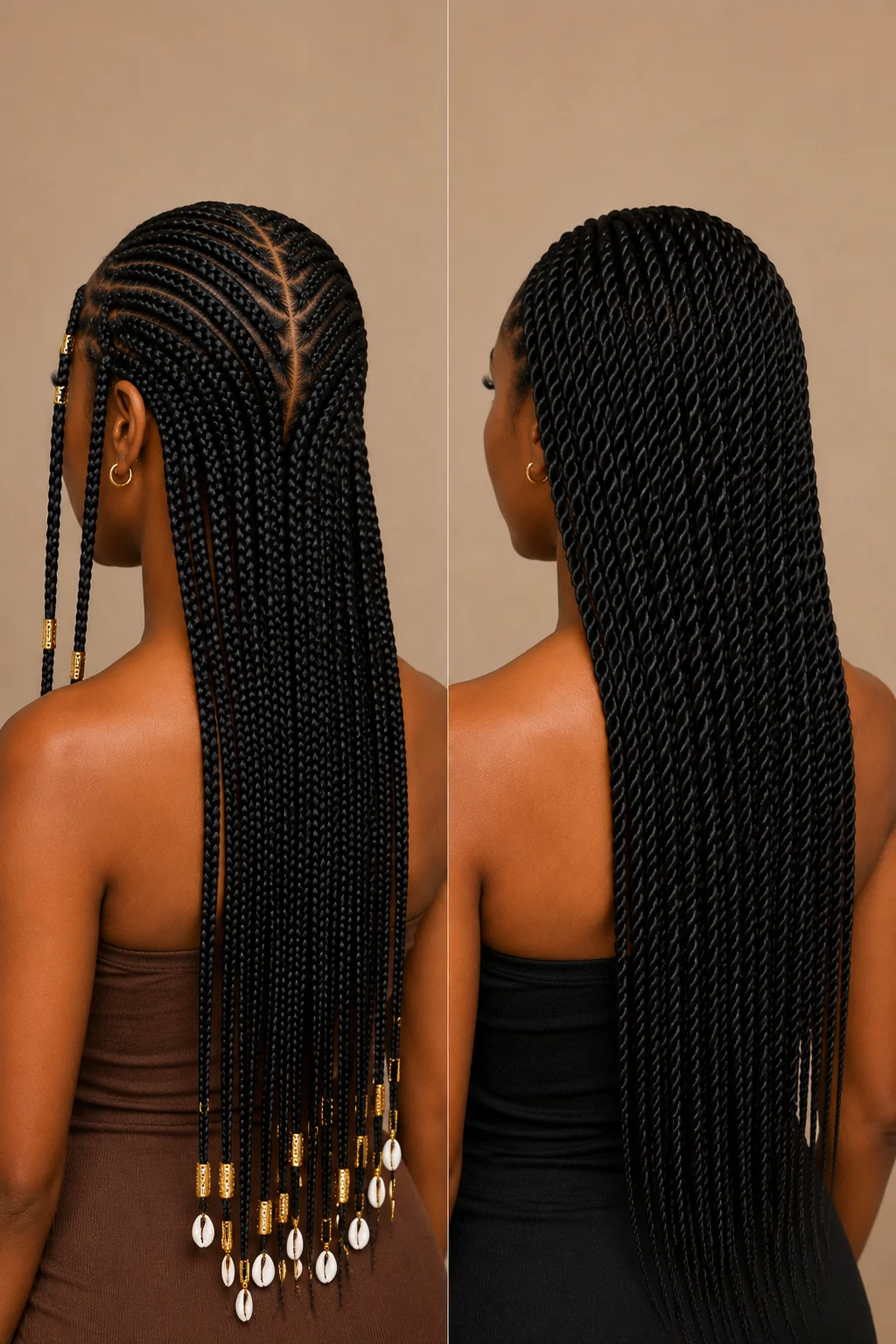 Back view comparison of Fulani braids and Senegalese twists showing center cornrow versus uniform rope twists
