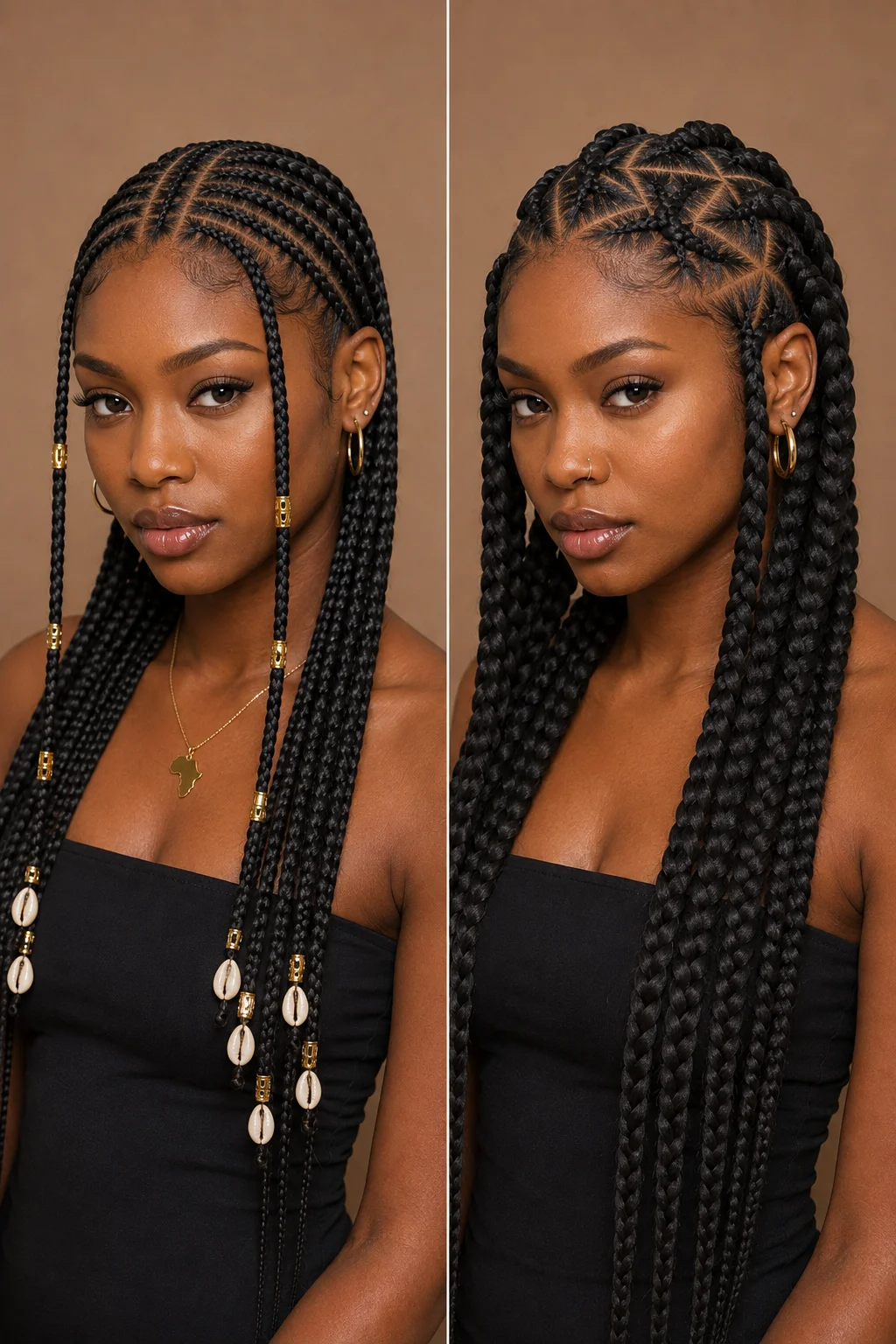 Full-length comparison of Fulani braids with beads and cowrie shells versus tribal braids with geometric parting and jumbo braids