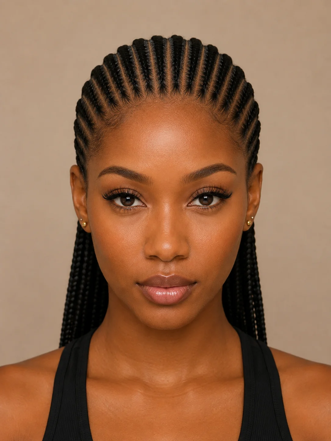 Close-up of Ghana braids showing uniform straight-back cornrow rows with no center part