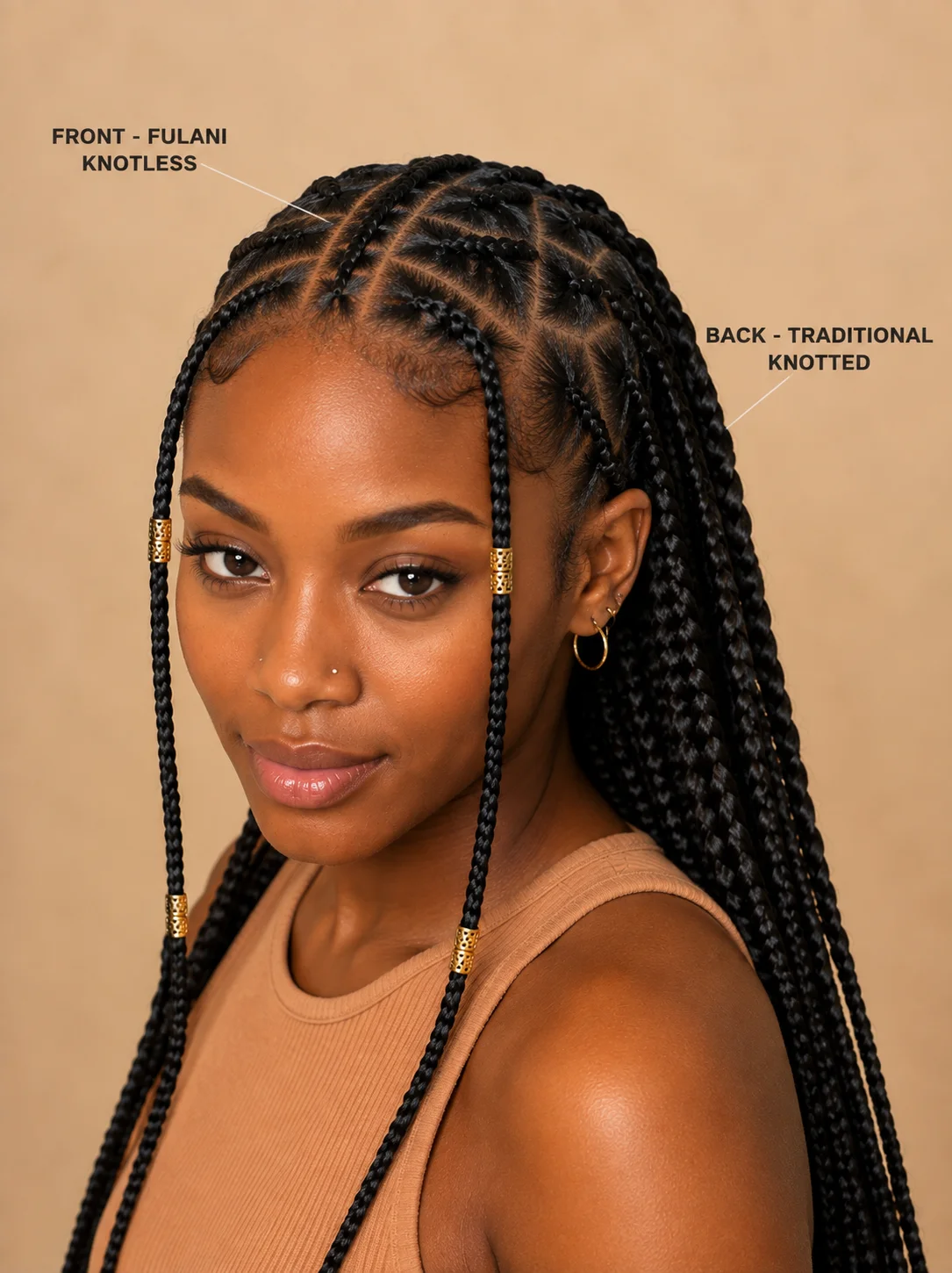 Half Fulani half knotless braids showing seamless flat knotless technique at the front hairline and traditional knotted braids at the back