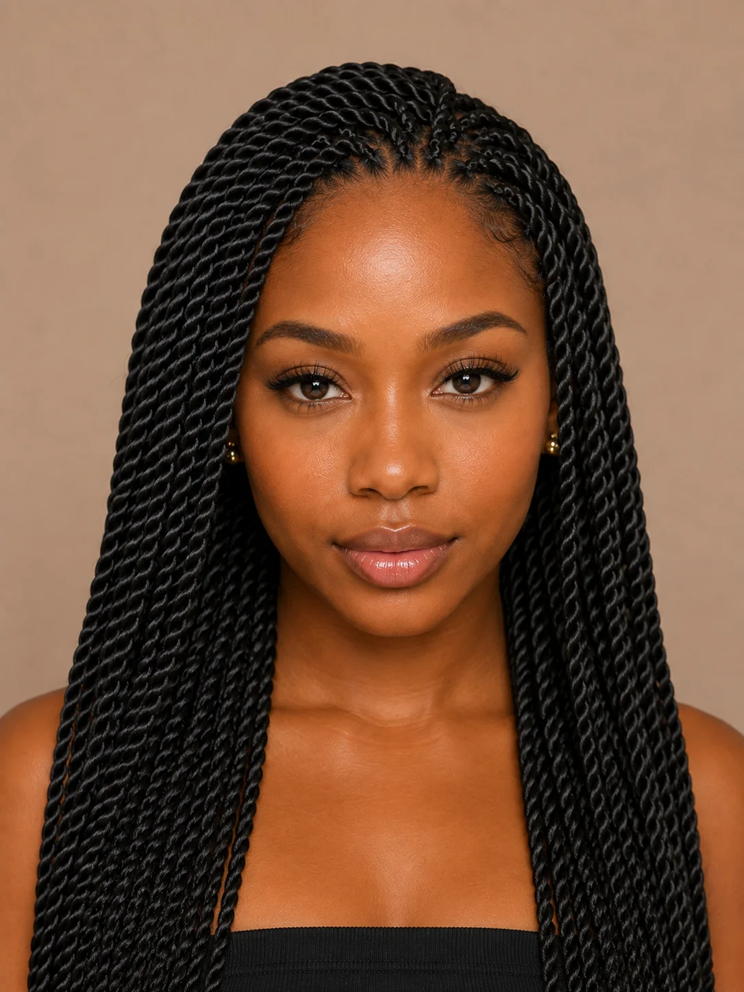 Close-up of Senegalese twists showing smooth uniform rope twist texture with no cornrow base