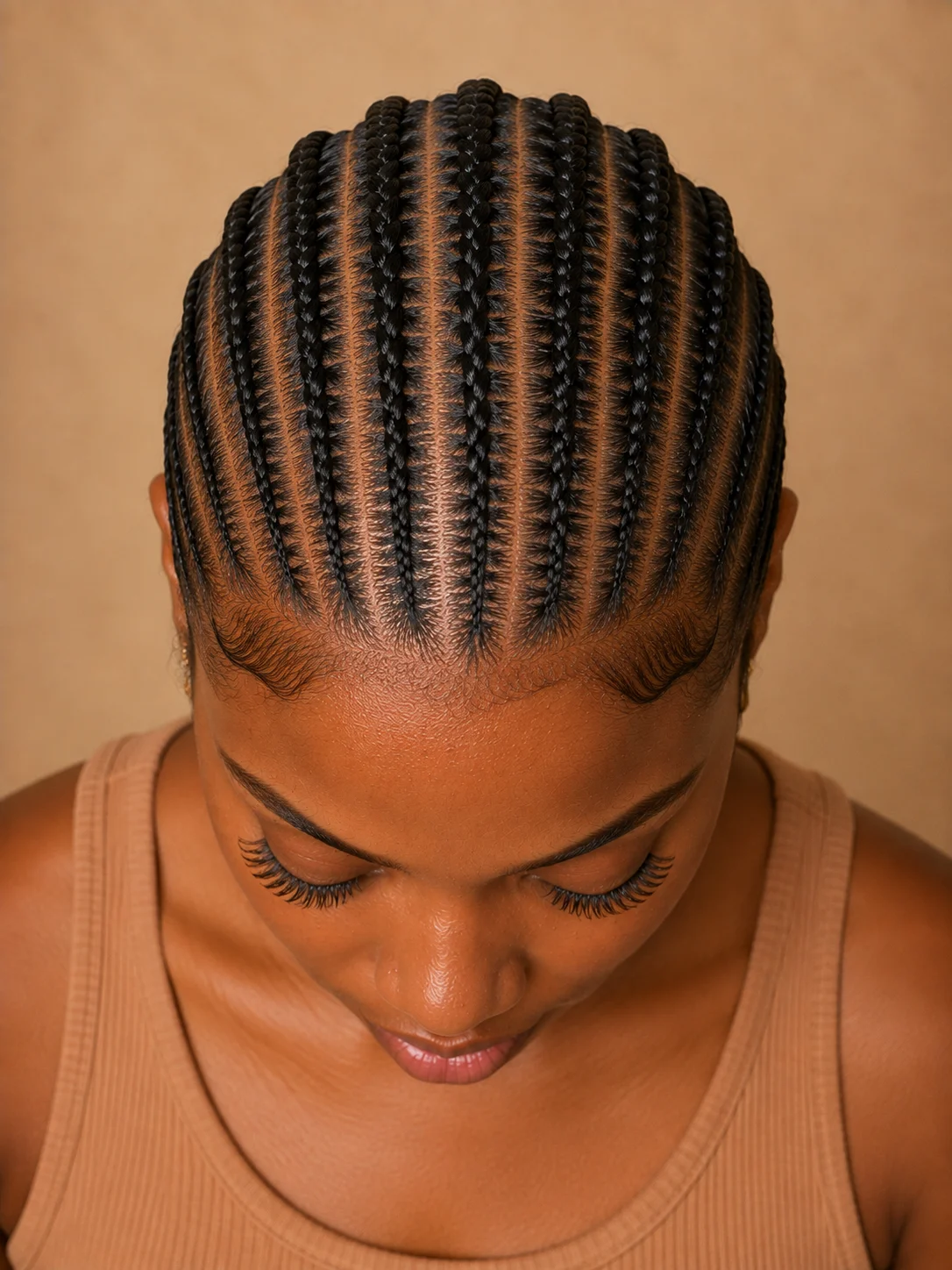 Close-up of straight-back cornrows lying flat against the scalp with no hanging length