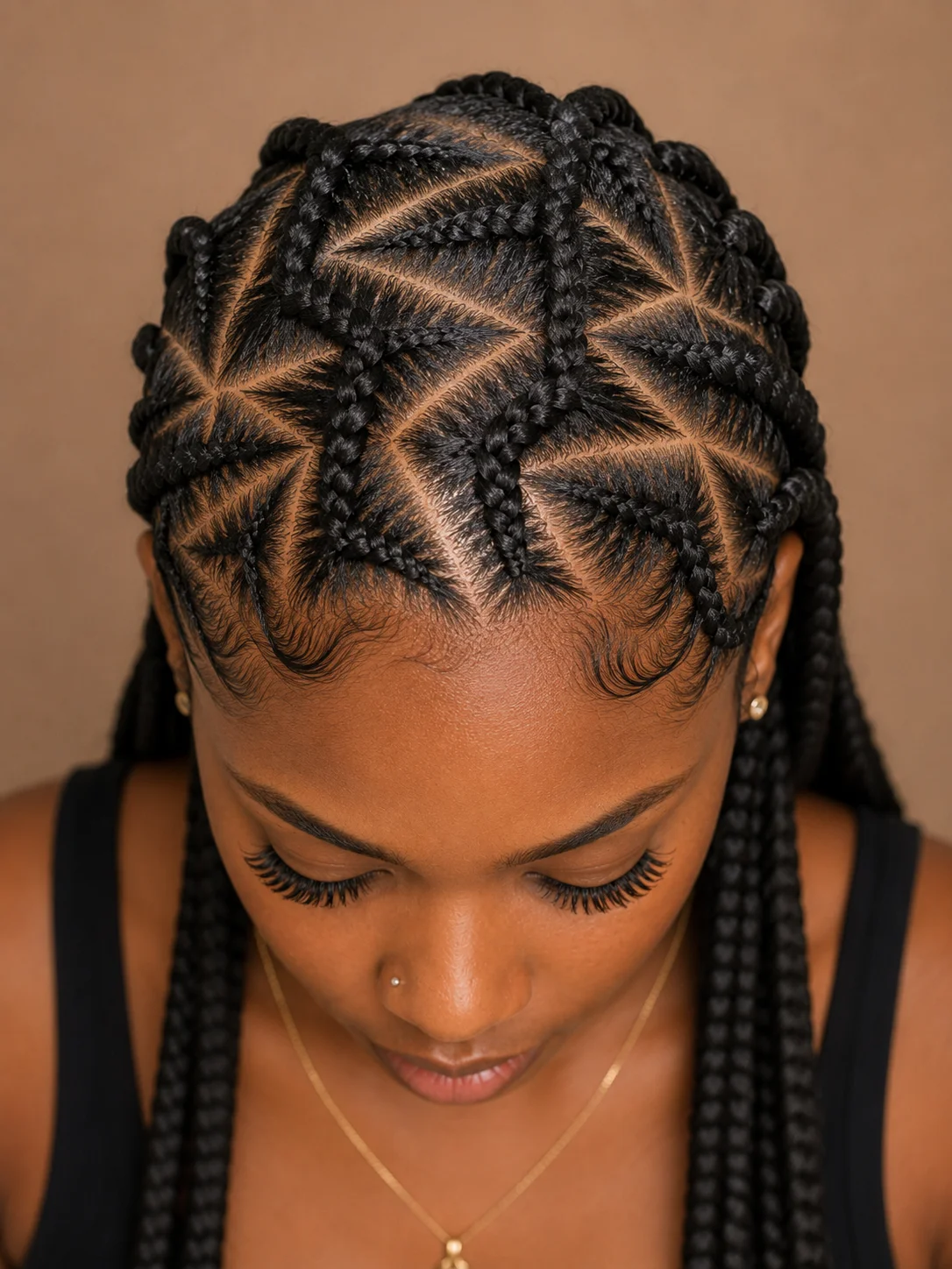 Top-down view of tribal braids showing a bold geometric star-shaped cornrow pattern across the scalp