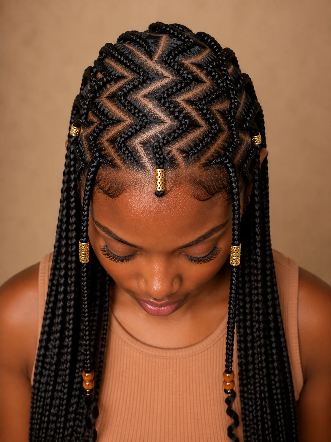 Zigzag-part Fulani braids with angular cornrow partings